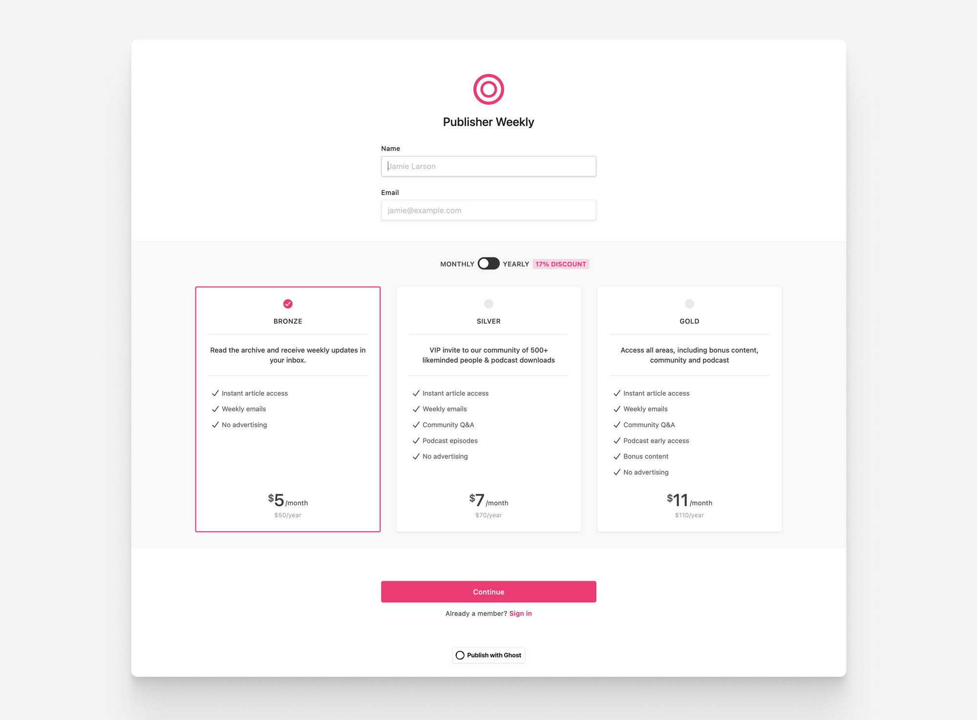 Ghost pricing plan with a sign up form and pricing plans for membership.