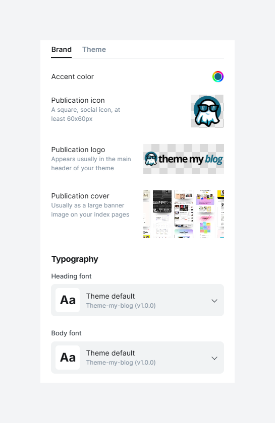 Brand customisation settings in Ghost CMS theme