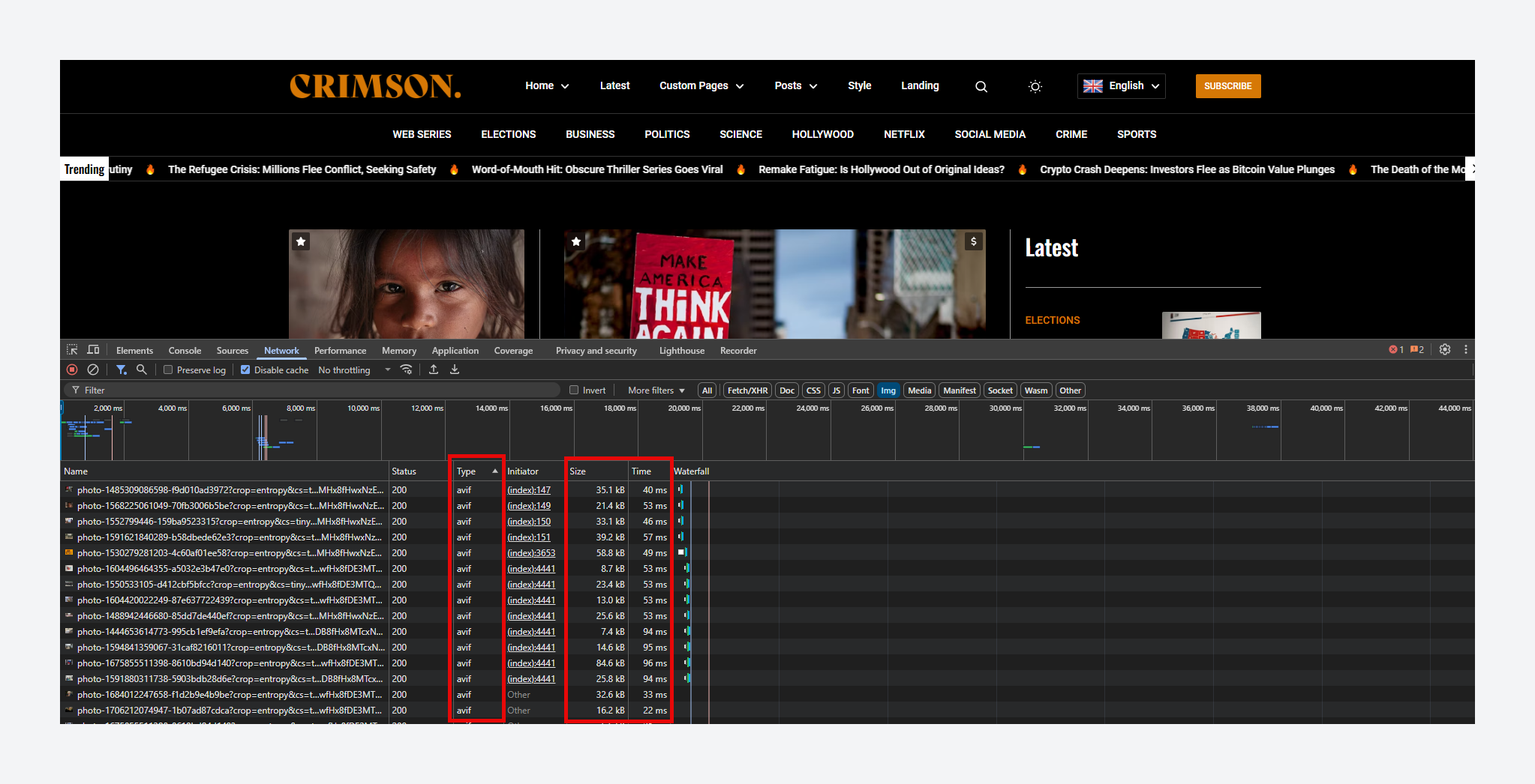Chrome Developer Tools shows AVIF images in Crimson theme