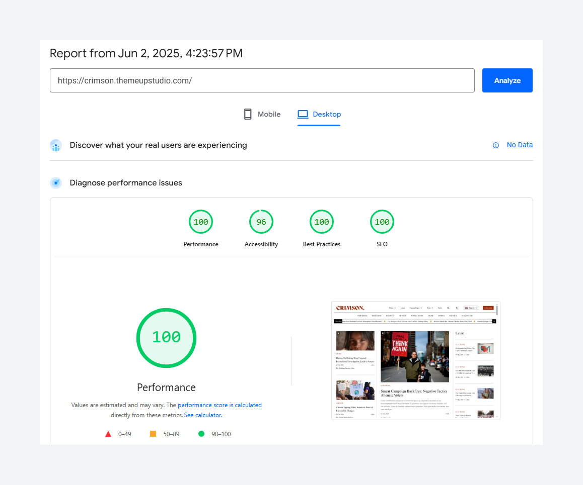 Desktop Page Speed Insight scores for Crimson theme - Performance score is 100