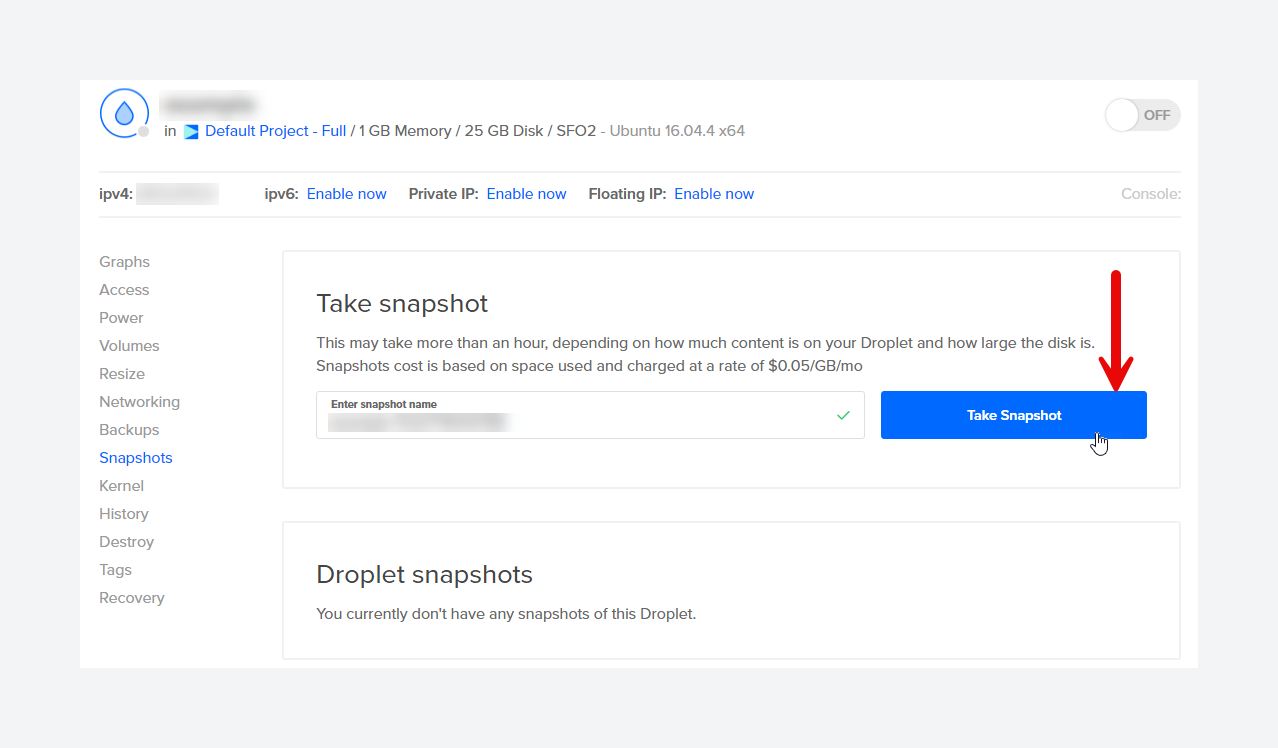 Take Snapshot screen in Digital Ocean dashboard
