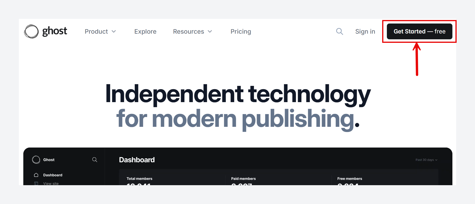 Get started button on Ghost