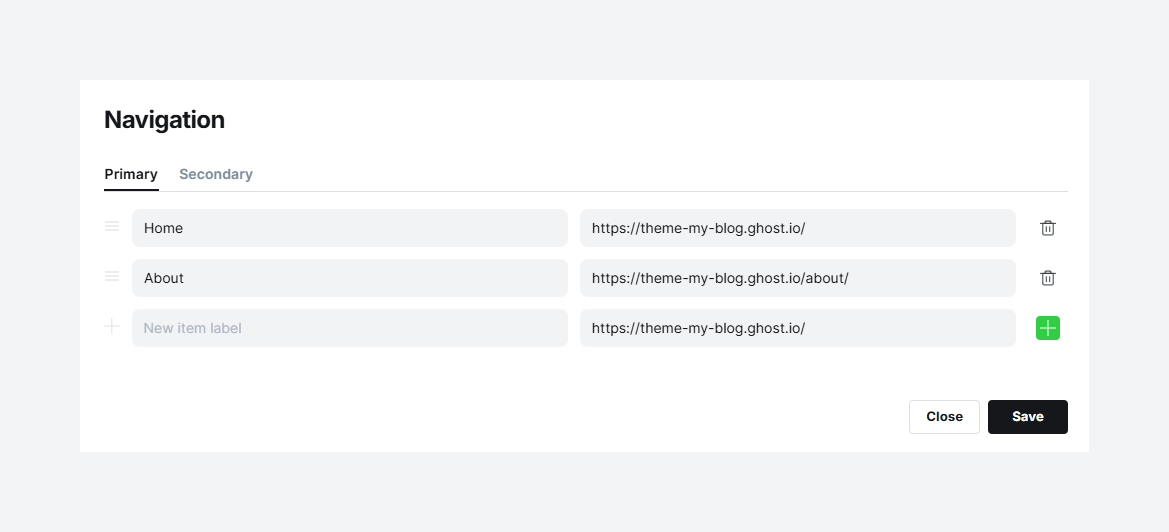 Set-up navigation in Ghost Admin