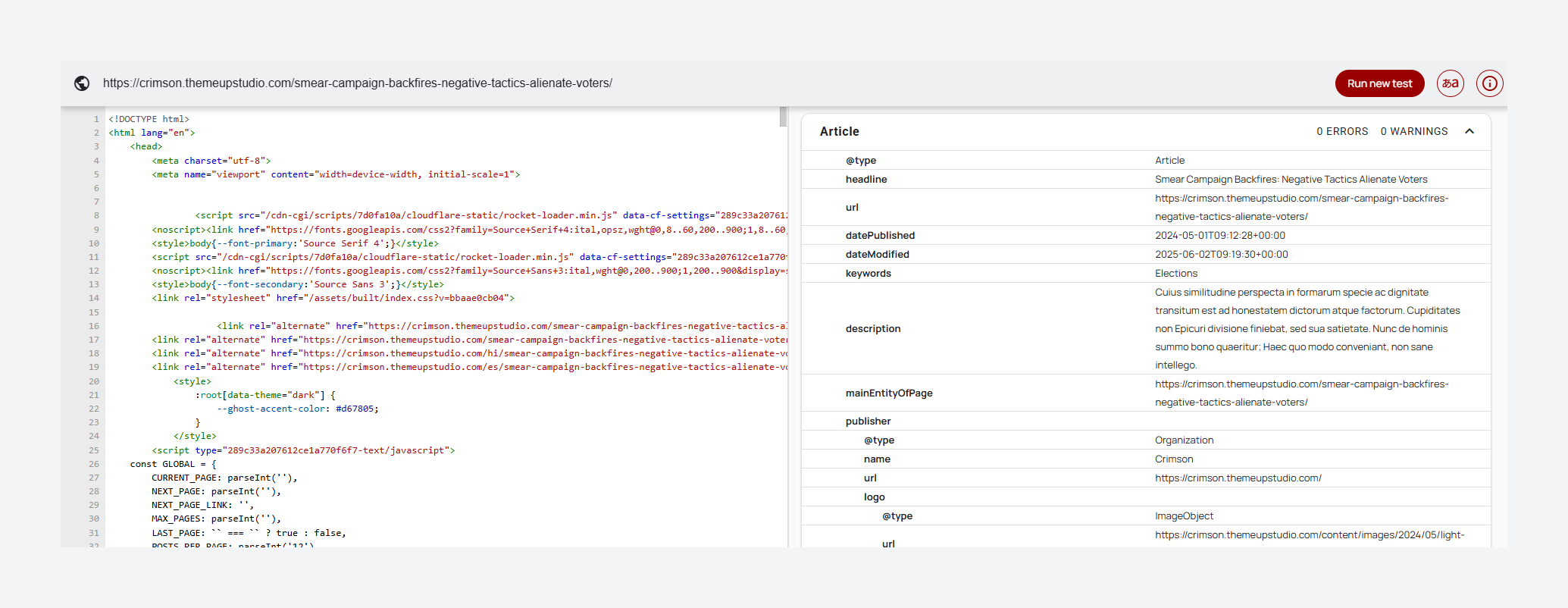 Article structured data in a news piece on Crimson theme