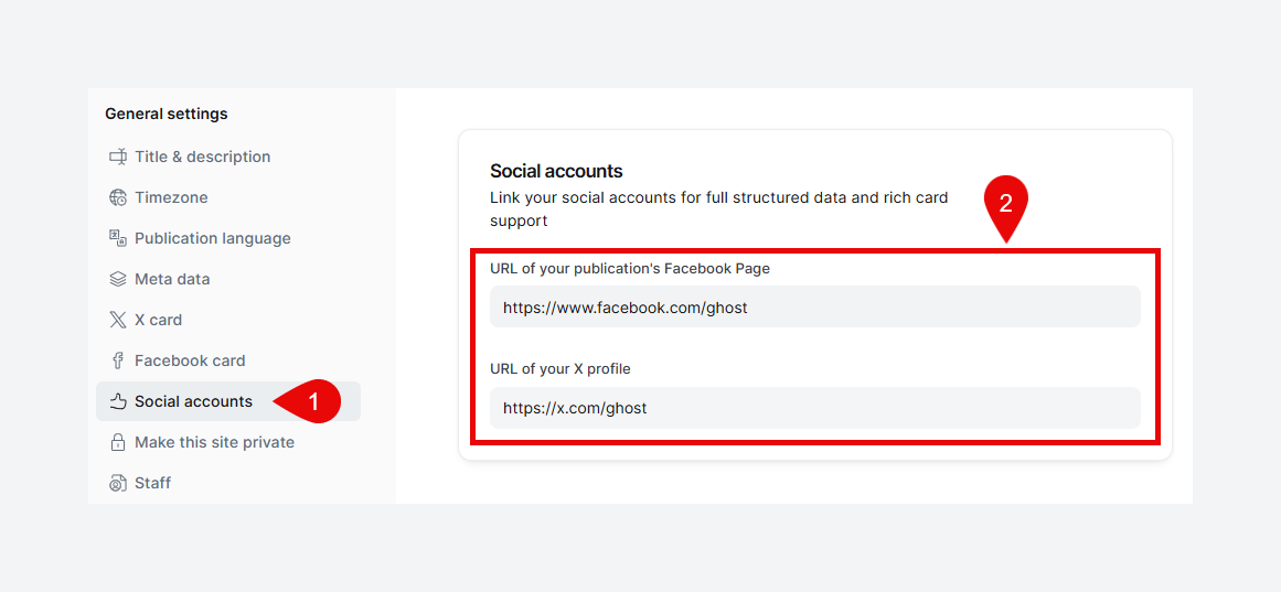 Social Accounts in Ghost Admin
