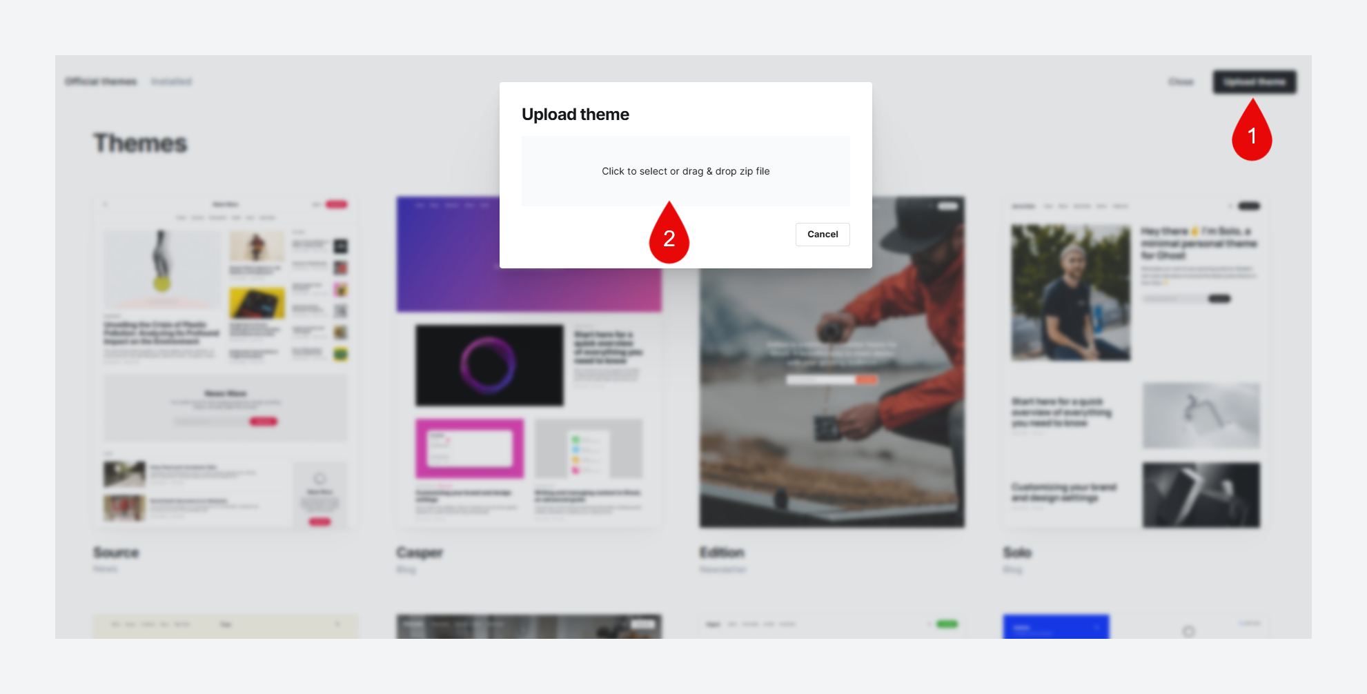 Upload a new theme in Ghost