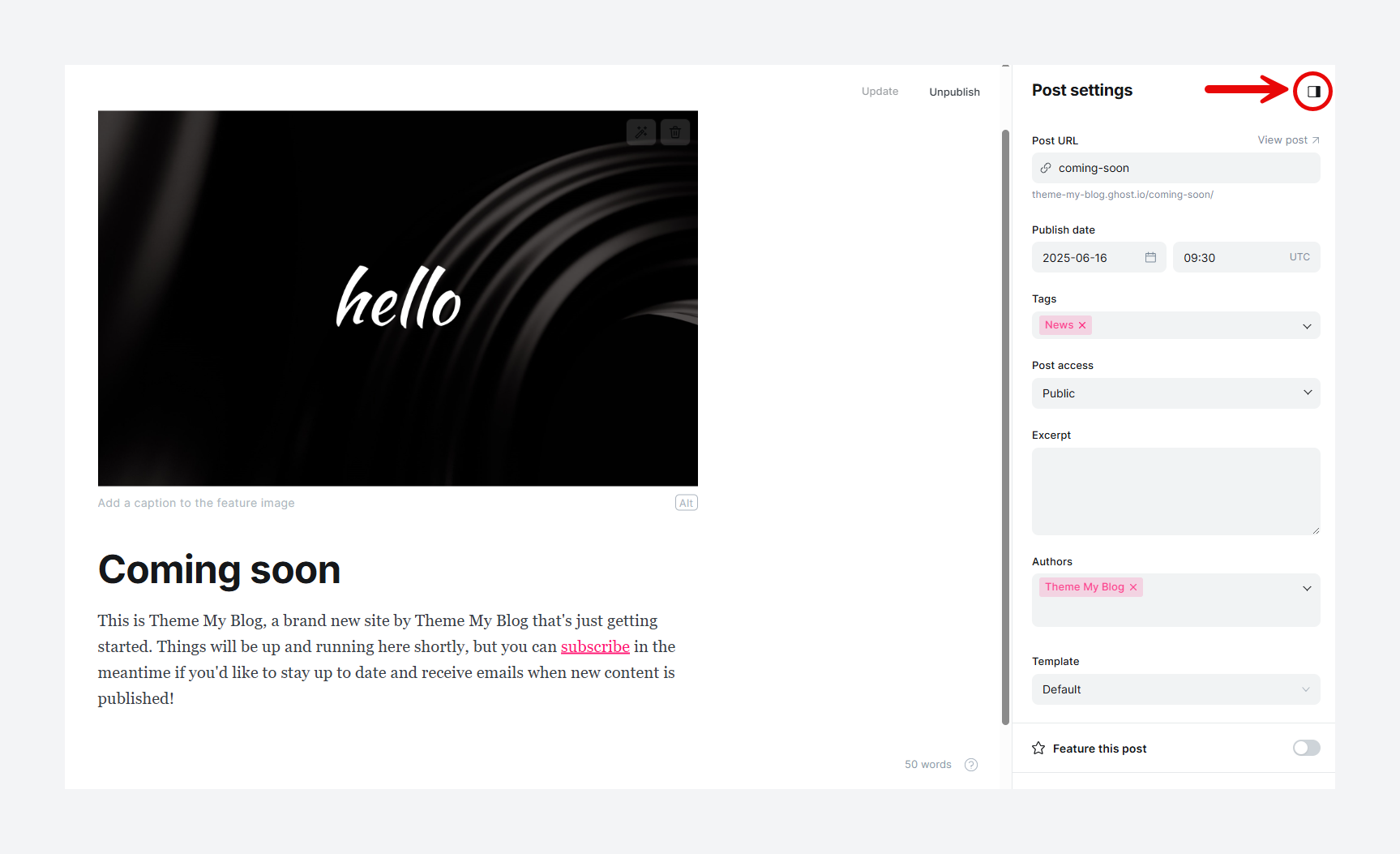 Post settings in Ghost CMS