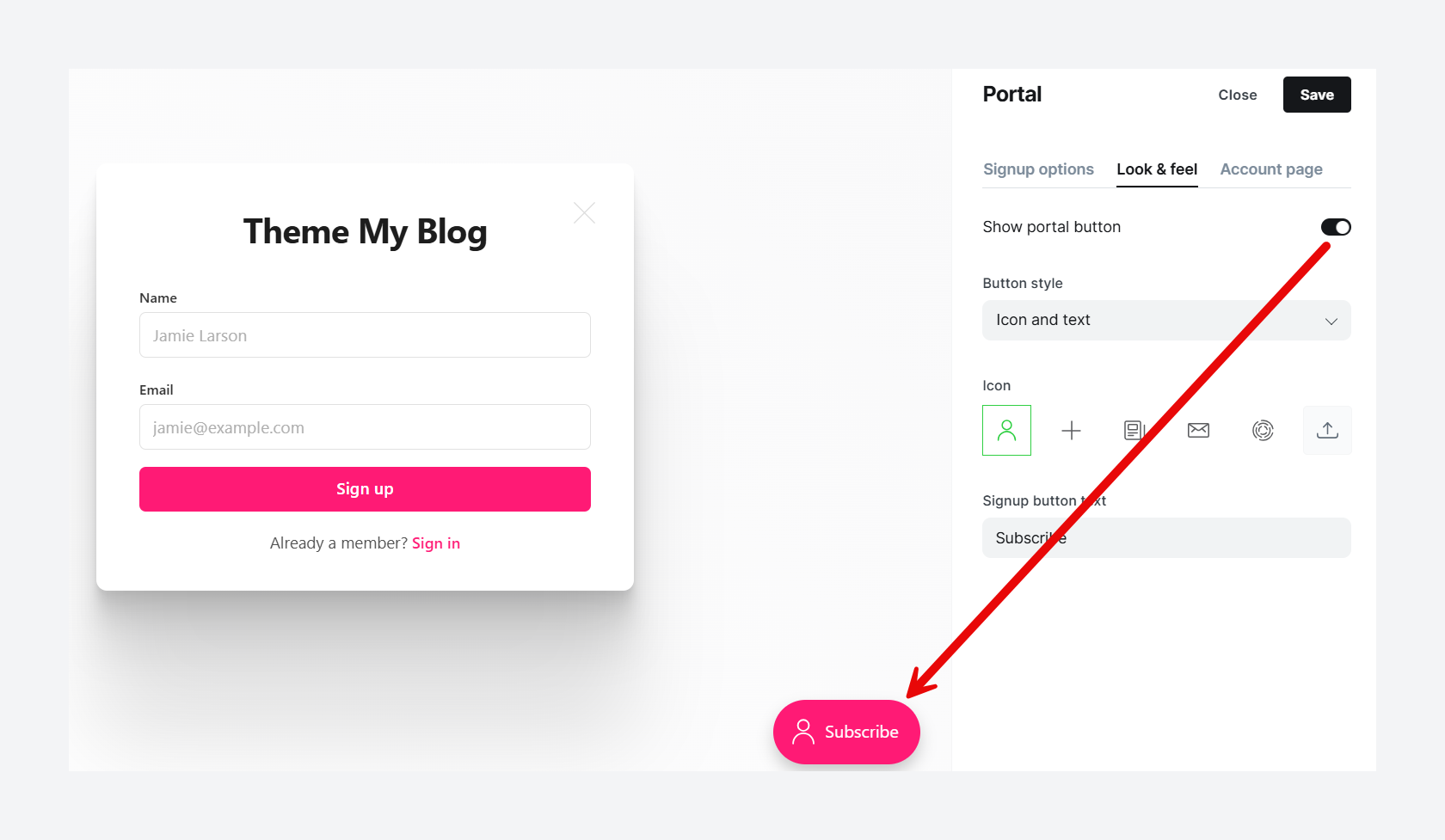 Enable Portal button in your Ghost website