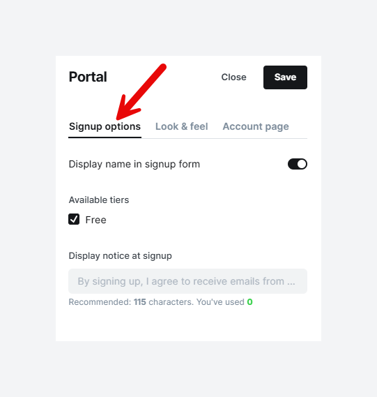 Signup options and select the membership tiers to show