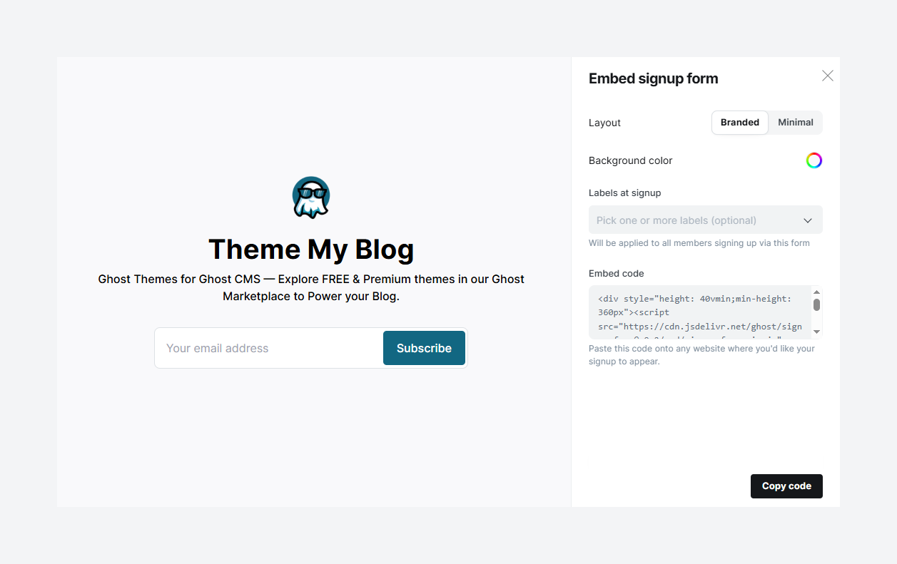 Ghost allows to copy a code snippet and embed anywhere in your page/post content.