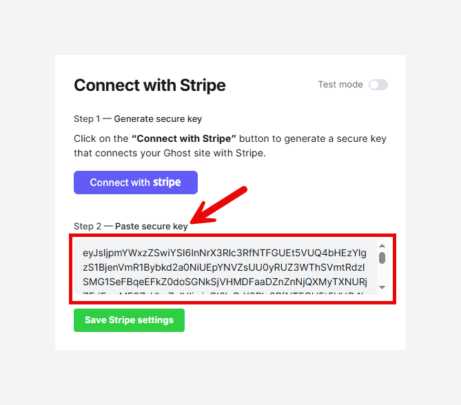 Paste the Stripe's secure key in Ghost