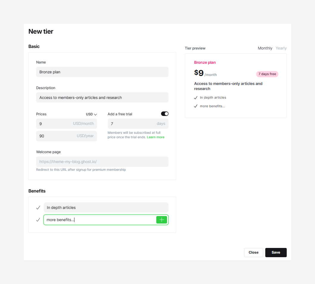 Adding new tier in Ghost CMS