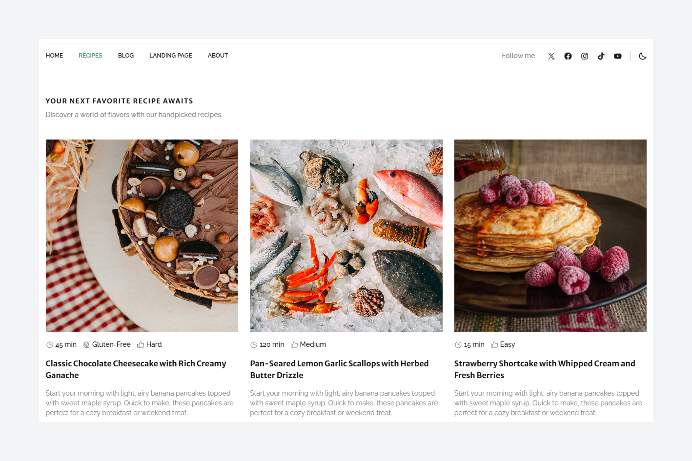 Recipes page in MmmDaily