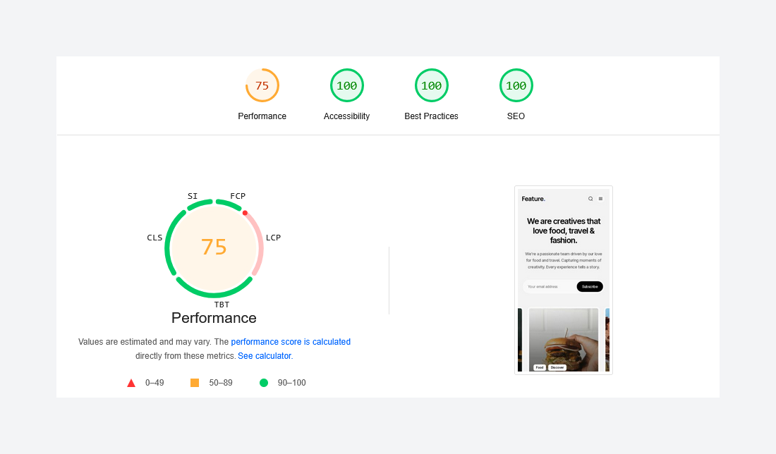 Google PageSpeed Insights Score for Feature