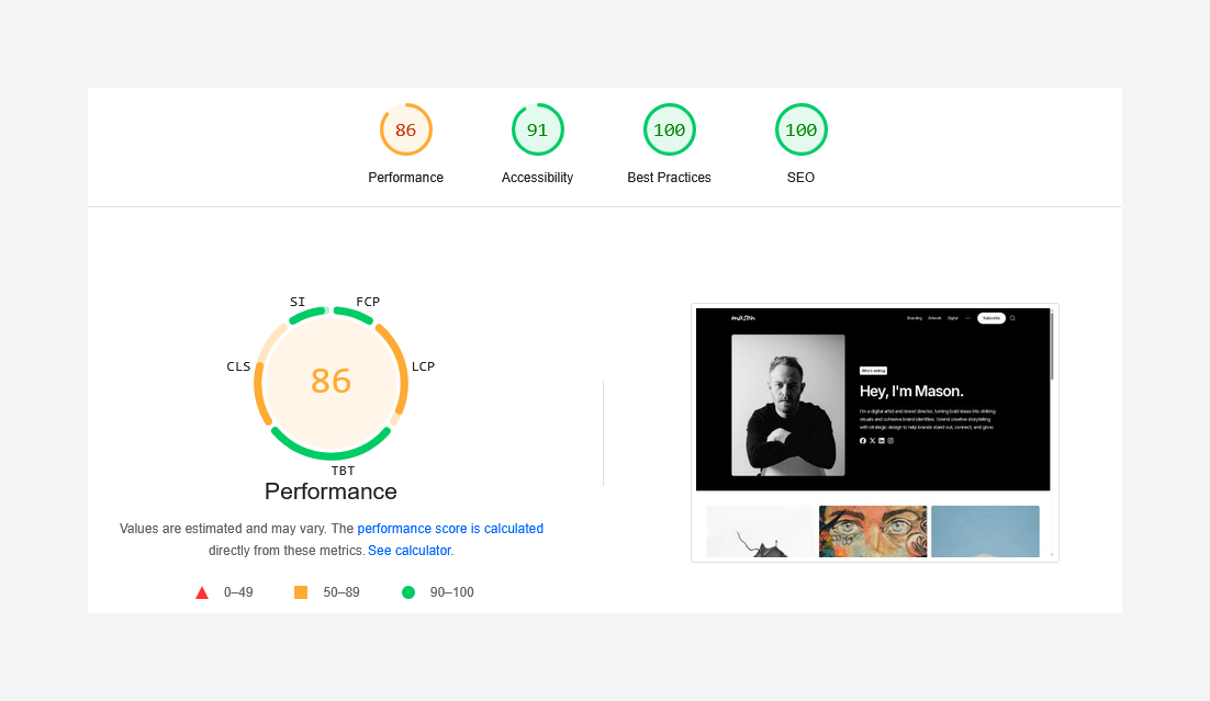 Mason's Google PageSpeed Insights Scores