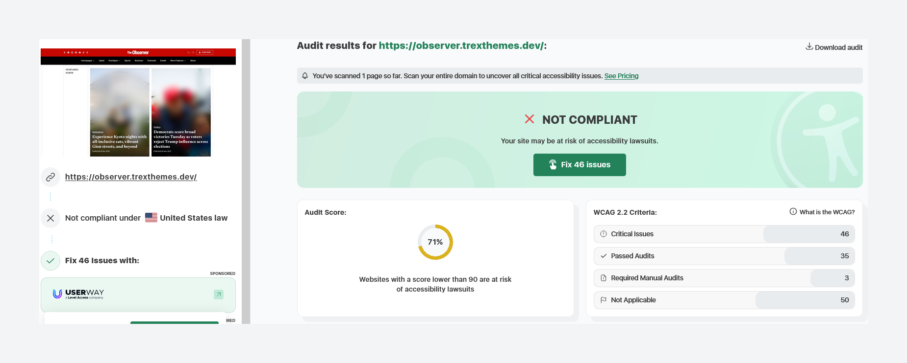 ADA/WCAG Accessibility in Observer is at 71%