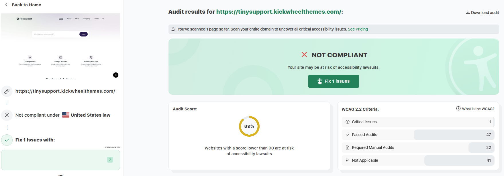 ADA/WCAG Scores for Tiny Support Ghost Theme