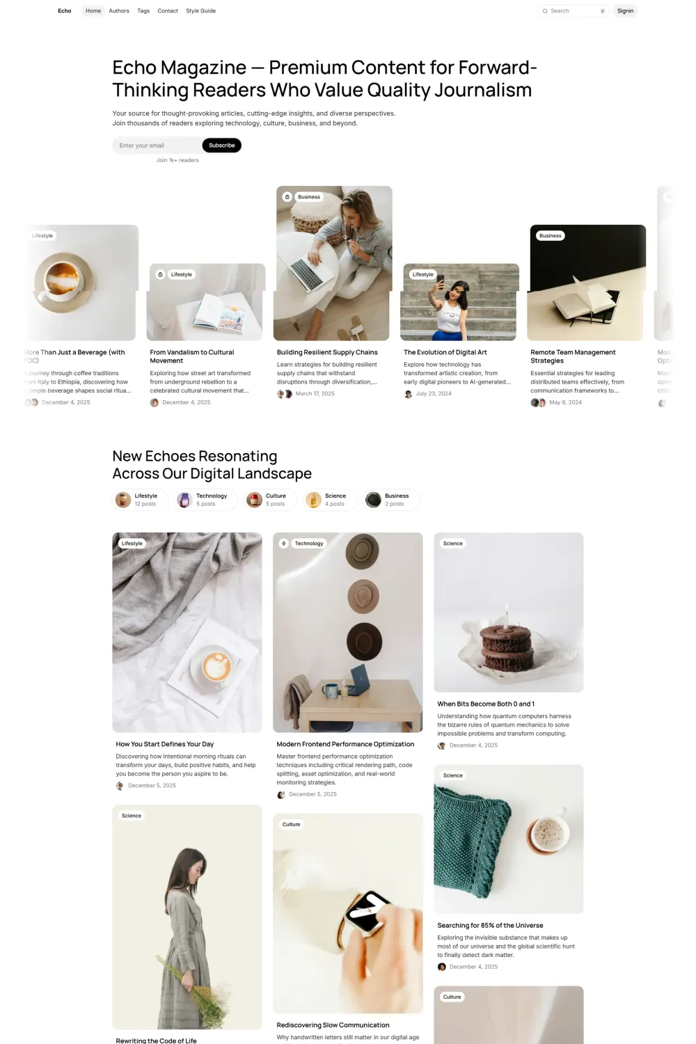 Echo Ghost theme homepage preview showing a clean magazine layout with featured articles and membership subscription tiers.