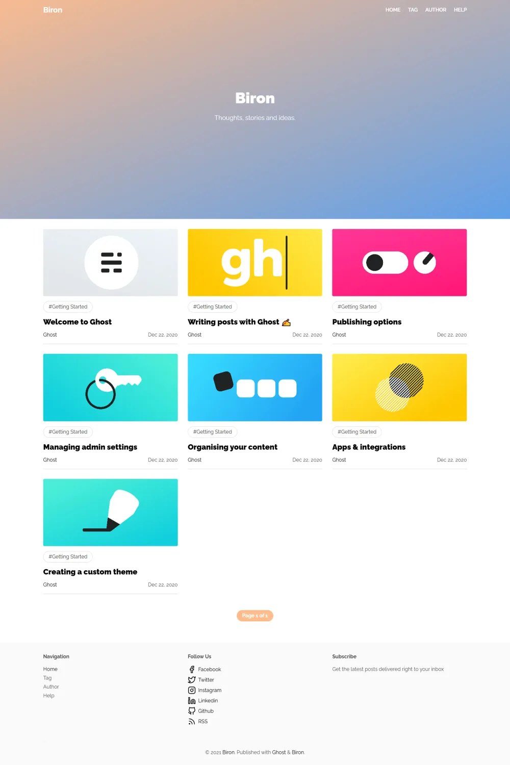 Biron Ghost theme review showing a minimal blog layout for personal publishing