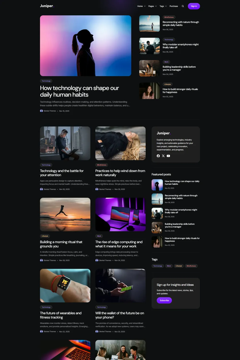 Juniper Ghost theme homepage with dark magazine layout, featured post hero, sidebar subscribe box, tag links, and clean editorial cards