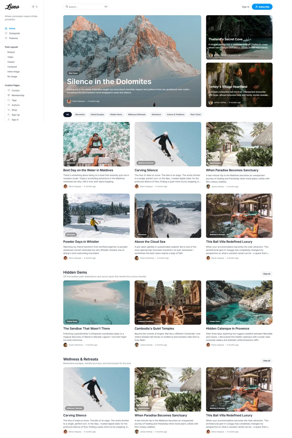 Luno Ghost theme homepage with clean blog layout, tag filters, and dark mode