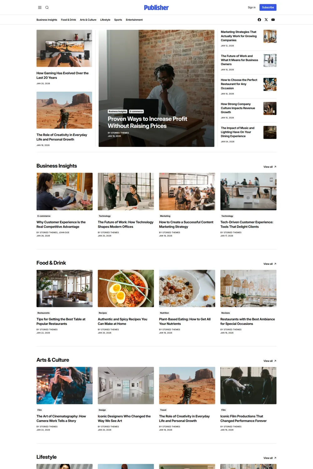 Publisher Ghost theme homepage layout for a news website review