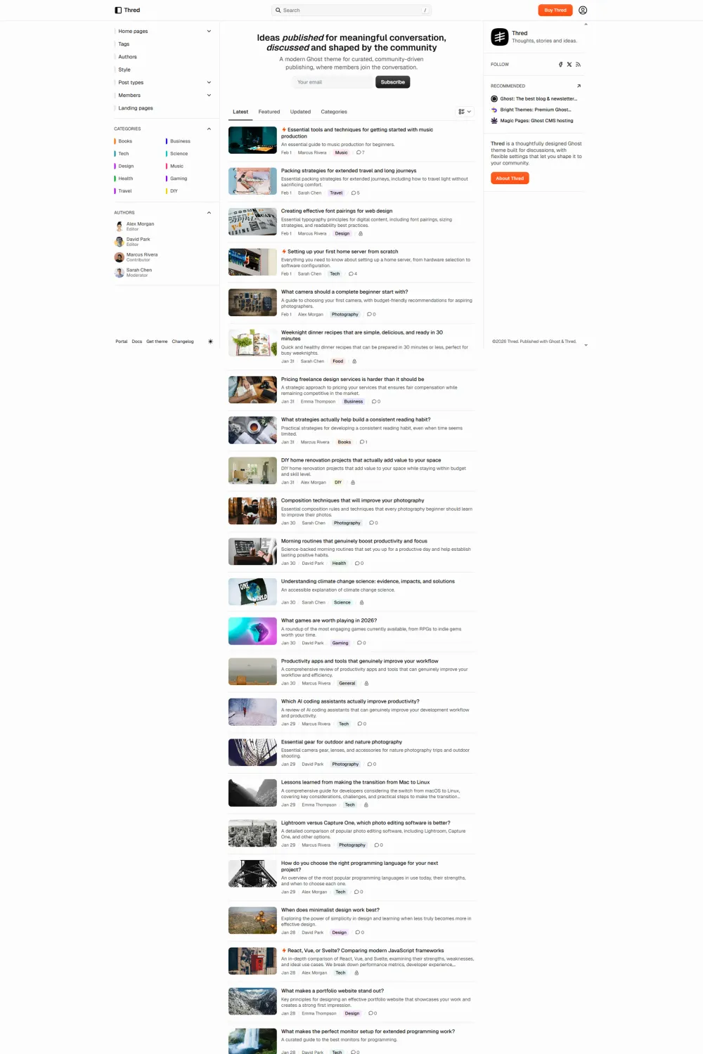 Thred Ghost theme homepage preview for modern blog publishing