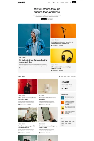 Boulevard Ghost theme homepage preview for magazine websites