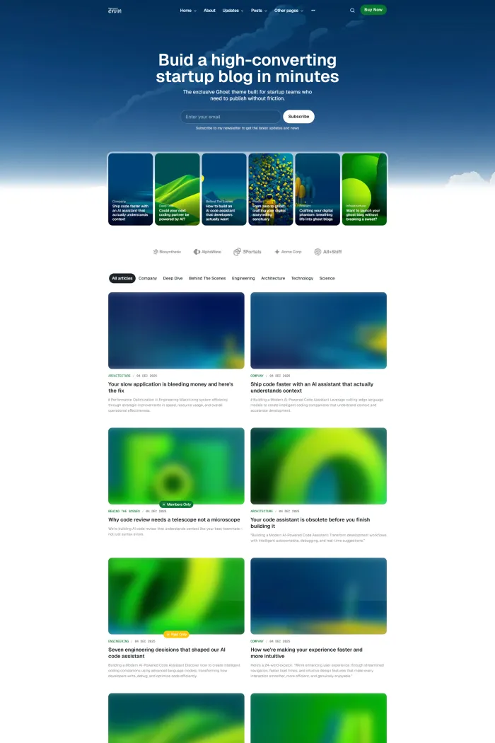 Enjin Ghost theme homepage preview showing a modern magazine layout with featured posts and newsletter subscription section.
