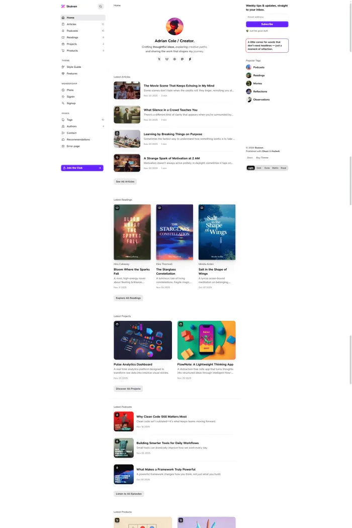 Skalven Ghost theme demo showcasing a clean, minimalist homepage layout with elegant typography and a focus on content for personal blogs.