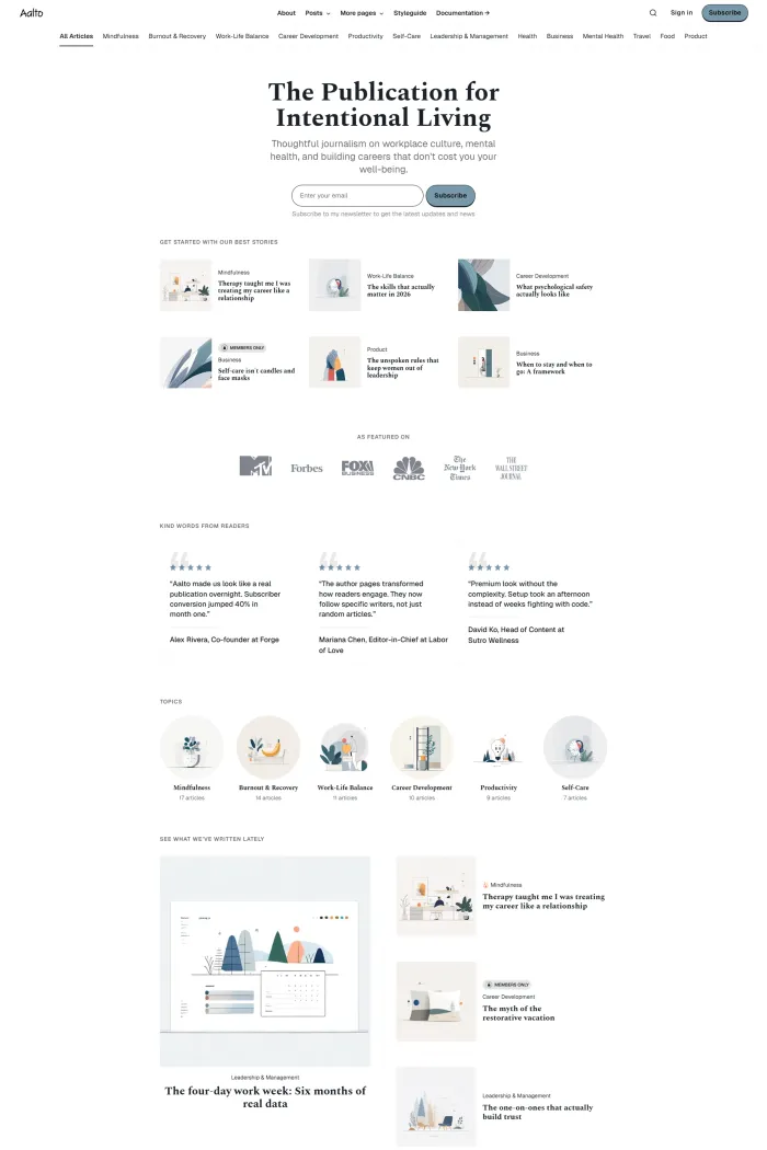 Aalto Ghost theme homepage layout for blog publishing