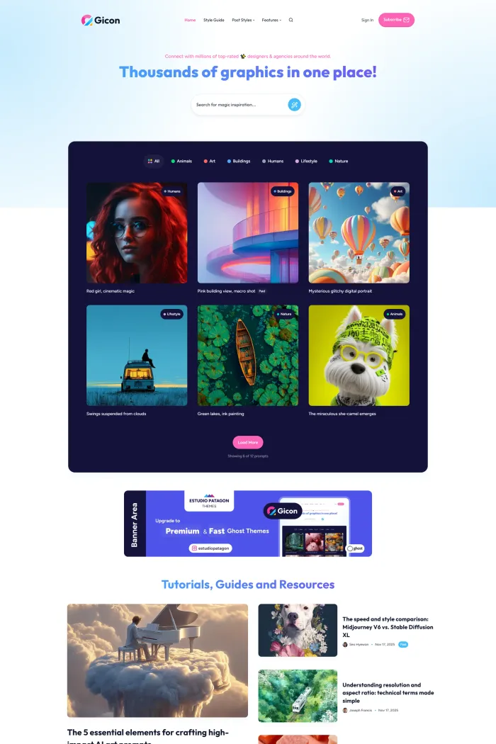 Gicon Ghost theme homepage preview showing prompt cards, category filtering, memberships, search, and modern magazine-style layout