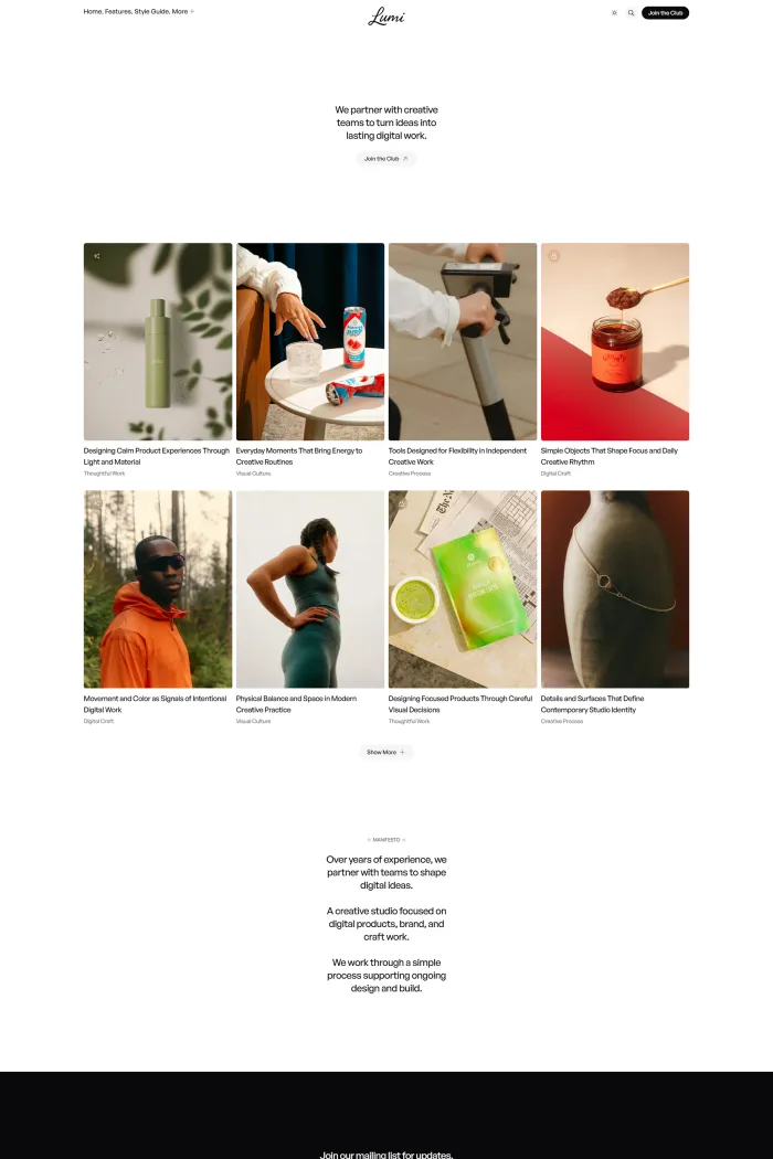 Lumi Ghost theme homepage with minimalist editorial cards, manifesto section, multiple color schemes, dark mode, and clean creative magazine layout.