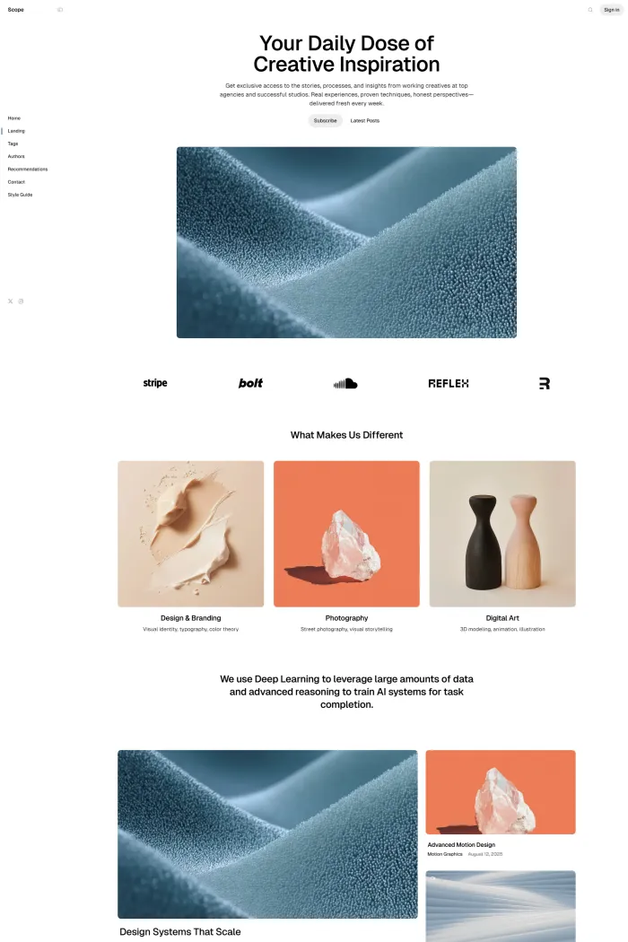 Scope Ghost theme homepage preview for a modern magazine website