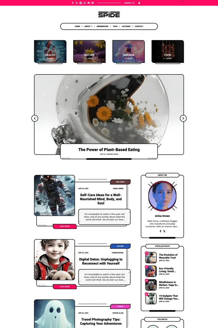 Spide Ghost theme homepage showing a clean magazine layout with category cards, sidebar widgets, newsletter signup, and membership navigation