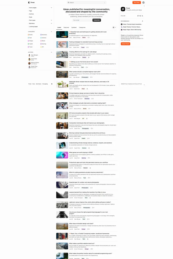 Thred Ghost theme homepage preview for modern blog publishing