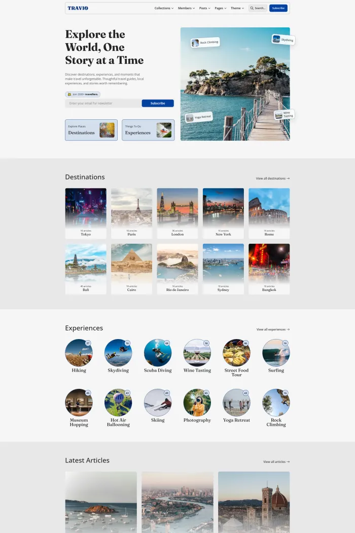 Travio Ghost theme homepage for a travel magazine and blog