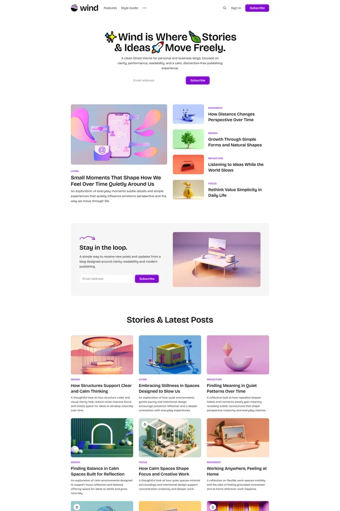 Wind Ghost theme homepage with clean blog grid layout and dark mode
