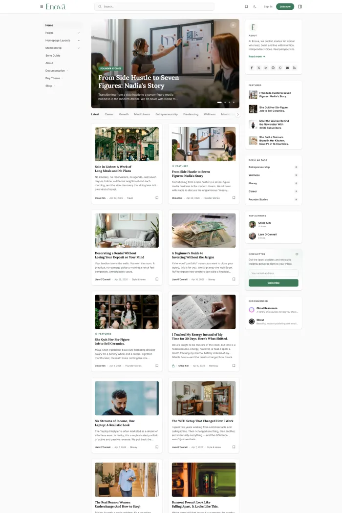 A preview of the Enova theme for Ghost CMS showing a grid layout blog.