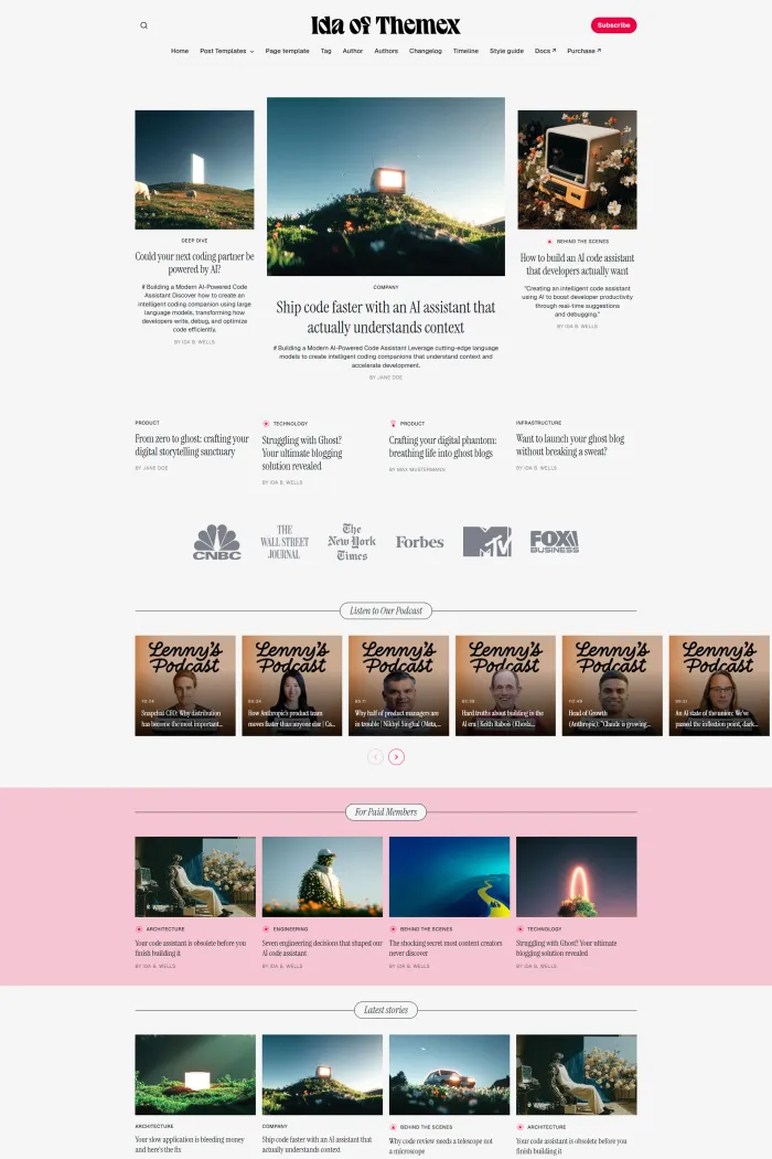 A clean preview of the Ida Ghost theme showing a modern magazine grid layout with dark mode