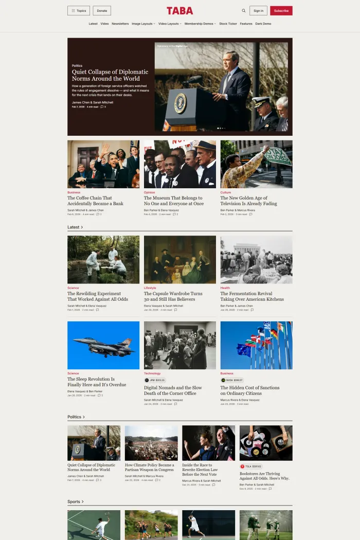 A desktop preview of the Taba Ghost theme grid layout.